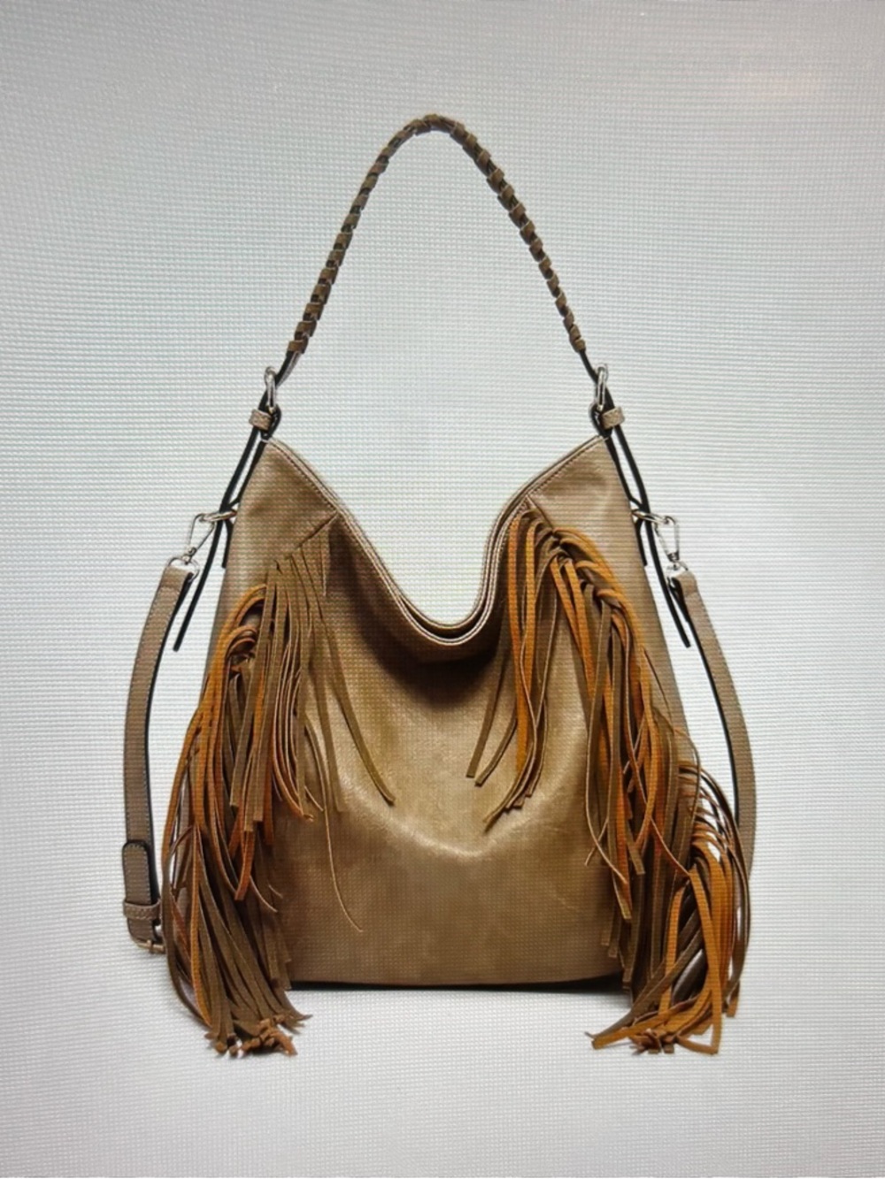 Fringed Distressed Hobo Bag in Taupe